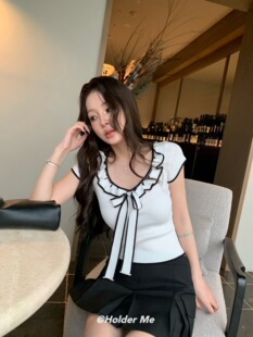 HOLDER ME 撞色蝴蝶结短袖针织衫2026春夏季显瘦百搭短款上衣5688