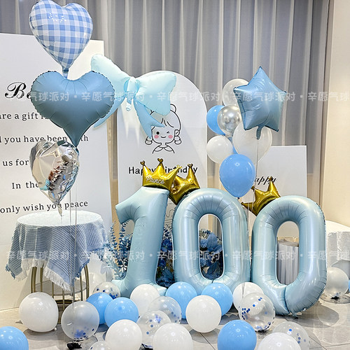 小红书ins风蓝色生日宴席布置气球套餐男女宝宝白天100天拍照布置