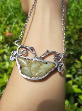 纯手工制作  翡翠蝴蝶镶嵌99银做旧复古吊坠 七夕礼物