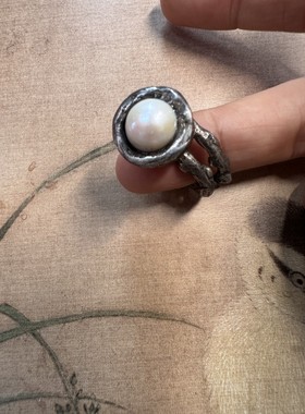珍珠南红99银开口戒指