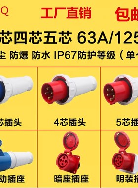 工业插头63A125AI防水P67连接器3芯4心5孔防爆航空插头座公母对接