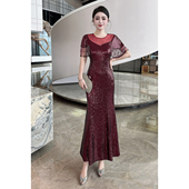 高贵气质酒红色亮片礼服裙女斗篷时尚 设计收腰鱼尾长裙婚礼连衣裙