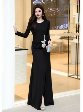 2026高贵气质花朵长袖优雅修身长裙连衣裙女宴会婚礼晚宴礼服裙春