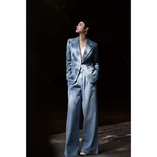 欧洲站女装牛仔西装外套时尚高级感阔腿裤显瘦套装休闲两件套春夏