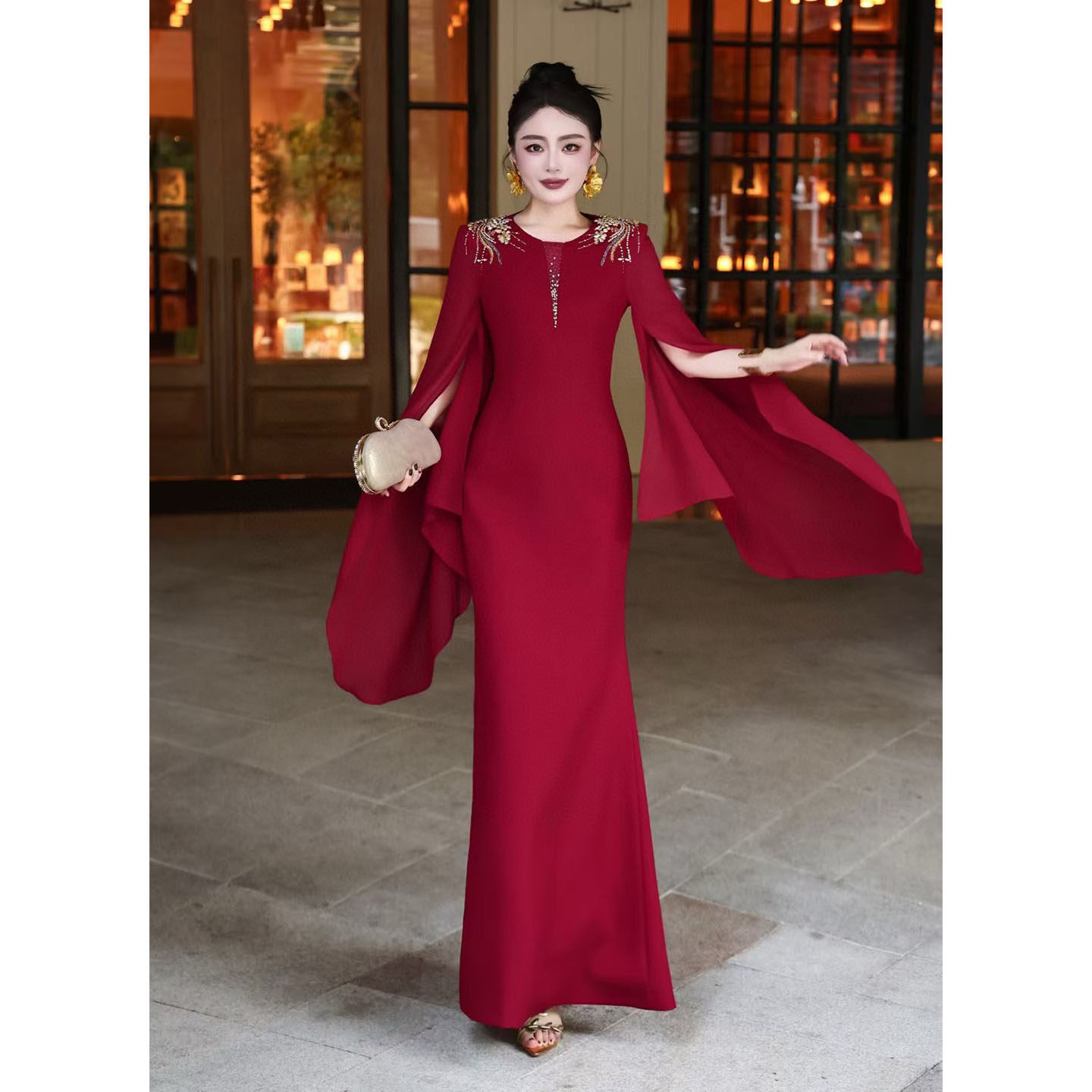 婚礼宴会晚装红色礼服连衣裙长裙图片