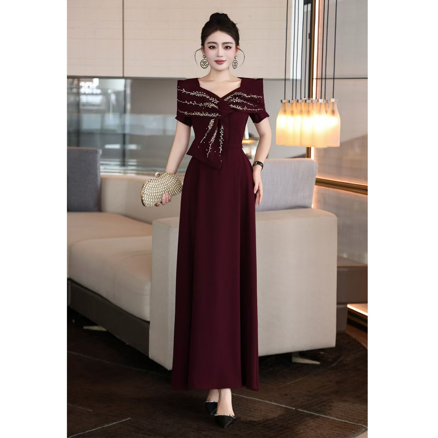 重工钉珠V领短袖收腰鱼尾长裙喜妈妈酒红色高端婚礼晚礼服连衣裙,女装/女士精品,礼服/晚装,淘宝优惠券,粉丝福利购,淘宝优惠卷