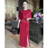 高定礼服重工绣花订珠红色婚礼宴会红色礼服裙洋气时尚 显瘦连衣裙