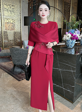 高定礼服重工绣花订珠红色婚礼宴会红色礼服裙洋气时尚显瘦连衣裙