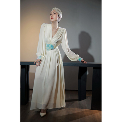 亮片V领大摆长裙连衣裙轻礼服裙