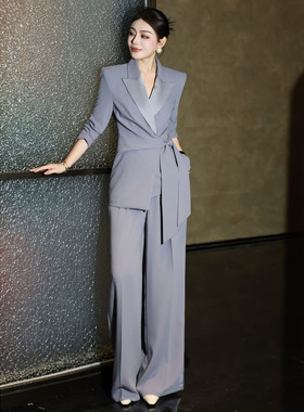 2026秋女缎面拼接侧系带西装套装