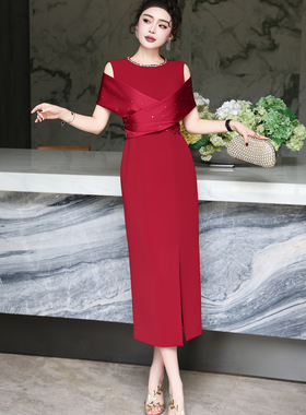 优雅女装婚礼宴会修身大码气质礼服连衣裙粉红色订钻设计感晚宴裙