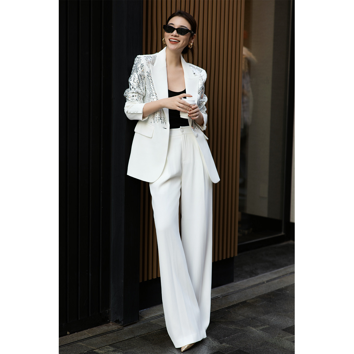 极简风白色西装套装女春秋冬职场通勤修身重工烫钻西服套裤两件套,女装/女士精品,时尚套装,淘宝优惠券,粉丝福利购,淘宝优惠卷