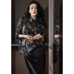 时尚百搭优雅法式印花系带真丝衬衫女气质轻奢氛围感贵气小众夏季
