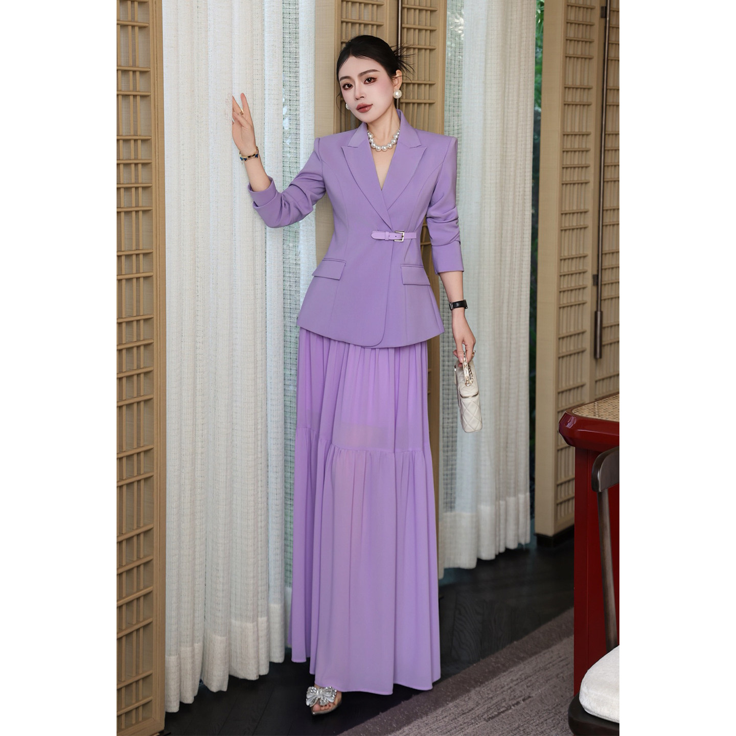 2026春款知性优雅风紫色西装外套长裙两件套女高级感通勤套装