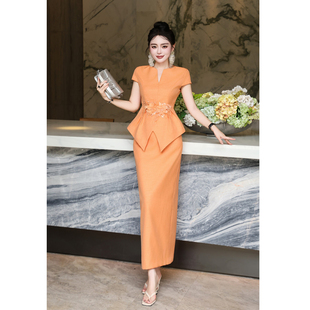 2025夏季小香风套裙长裙优雅收腰显瘦订花朵上衣包臀半身裙套装