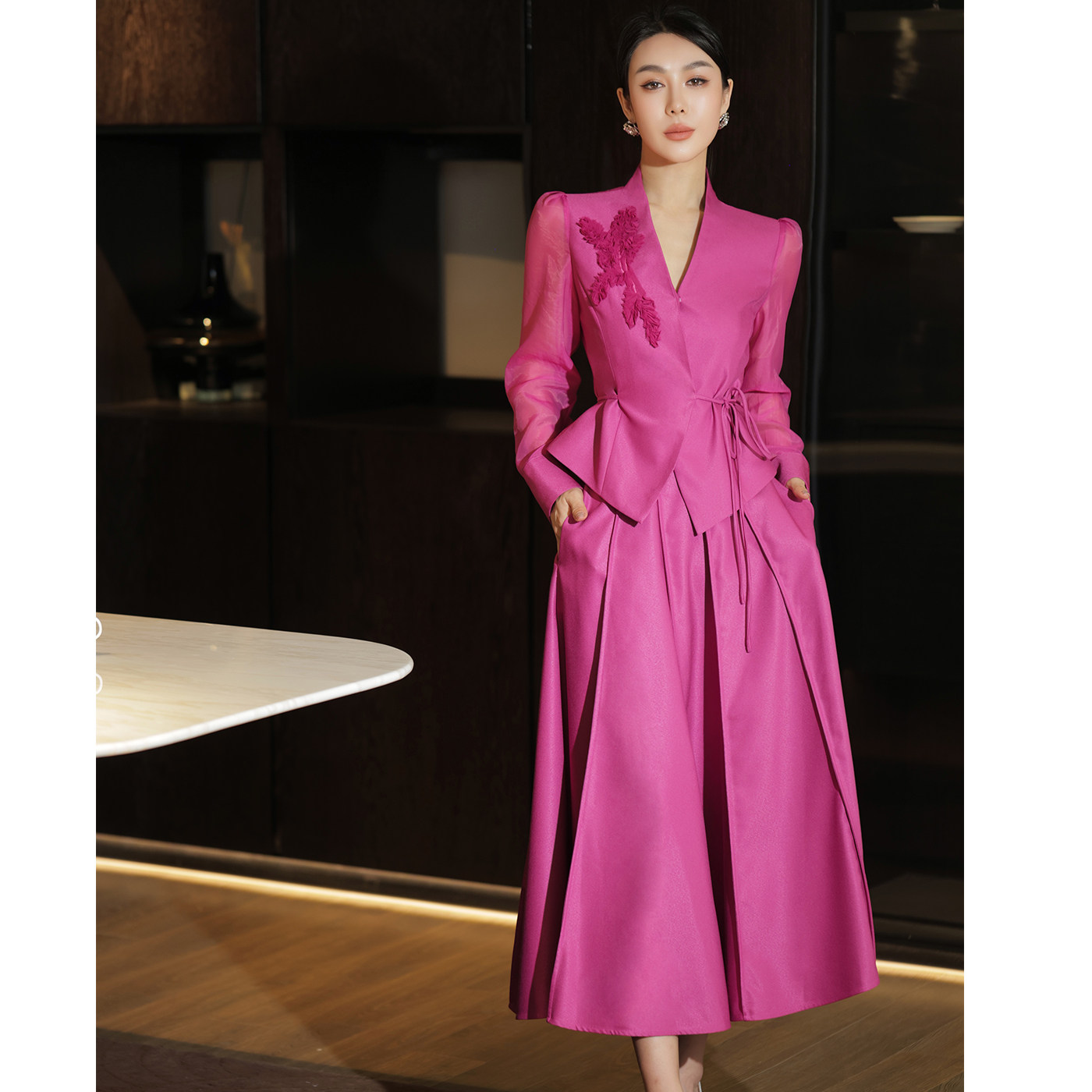 优雅小香风春季绑带透视袖西装显叟大摆半身裙名媛套装两件套女装,女装/女士精品,时尚套装,淘宝优惠券,粉丝福利购,淘宝优惠卷