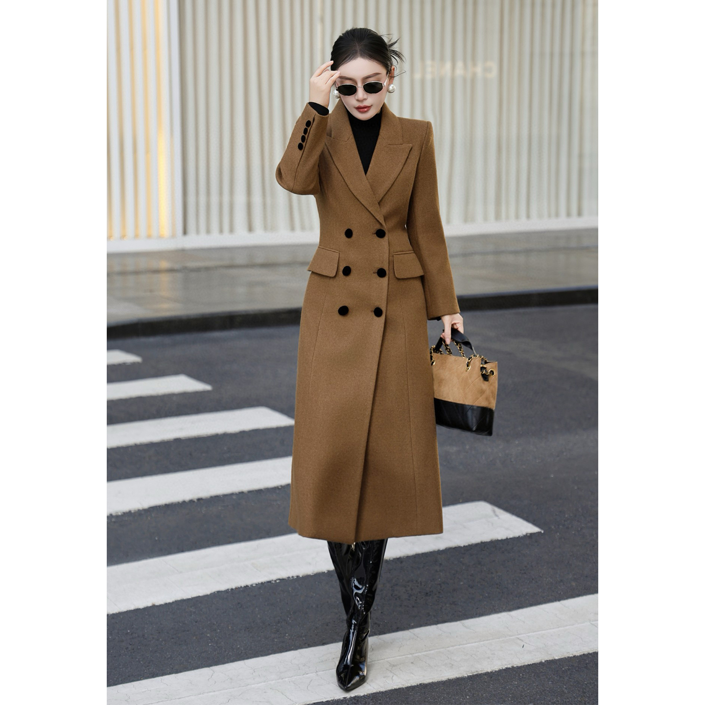 英伦风毛呢大衣女长款西装领