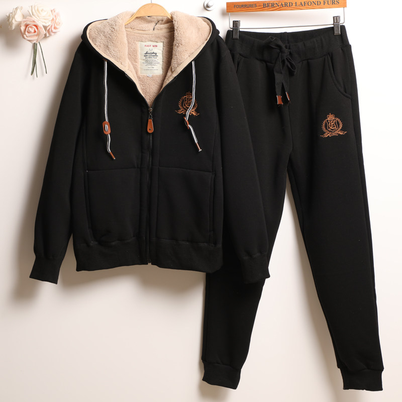 冬装羊羔绒刺绣纯棉女运动套装