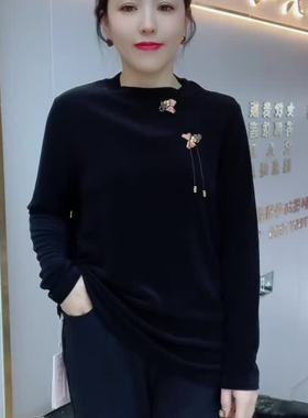 2026春装新款加肥轻国风黑色长袖立领斜襟扣大码内搭女上衣5937