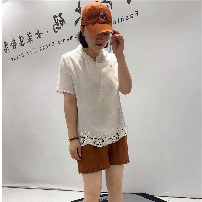女权贵族时尚潮流T恤2026夏装3896麻料国风短袖衫大码女装气质衫