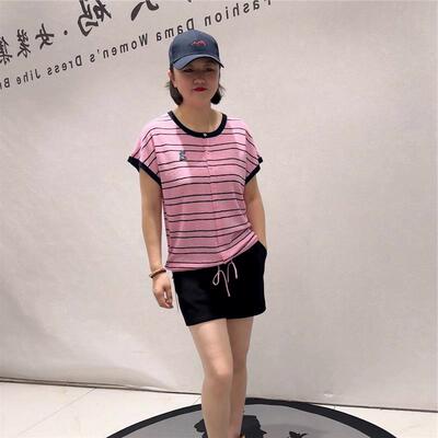 2026夏季新款打底芮娜依莲1763条纹针织衫短袖大码女装衫上衣T恤