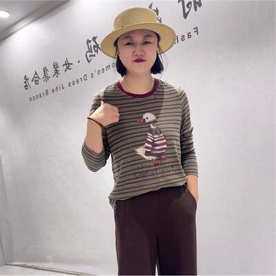 芮娜依莲时尚潮流T恤2026秋装新款3799条纹长袖衫气质衫200斤上衣