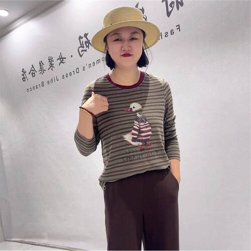 芮娜依莲时尚潮流T恤2026秋装新款3799条纹长袖衫气质衫200斤上衣