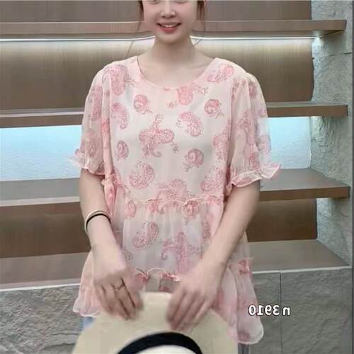 女权贵族大码女装2026夏季T恤3910带内衬力袖口木耳边遮肉减龄衫