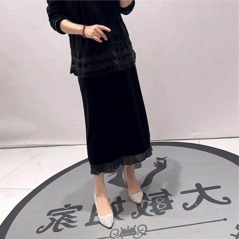 2026春装新针丝缘时尚潮流丝绒半身裙加大码女装200斤裙子女5479