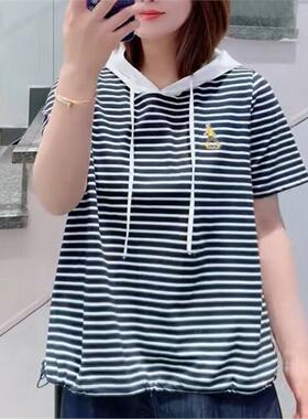 针丝缘大码女装打底2026夏季上衣1175底部可抽绳减龄休闲条纹帽衫