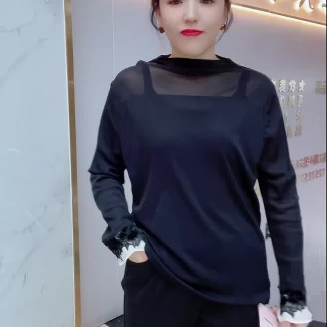加肥大码蕾丝拼接长袖打底衫女
