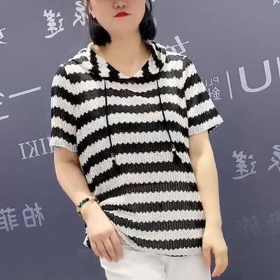 专柜5163播本夏季新款欧韩加肥显瘦胖MM大码女装百搭款连帽短袖打