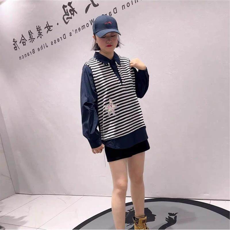 针丝缘时尚大码女装2026春装T恤1433拼针织衬衫减龄显瘦打底衫