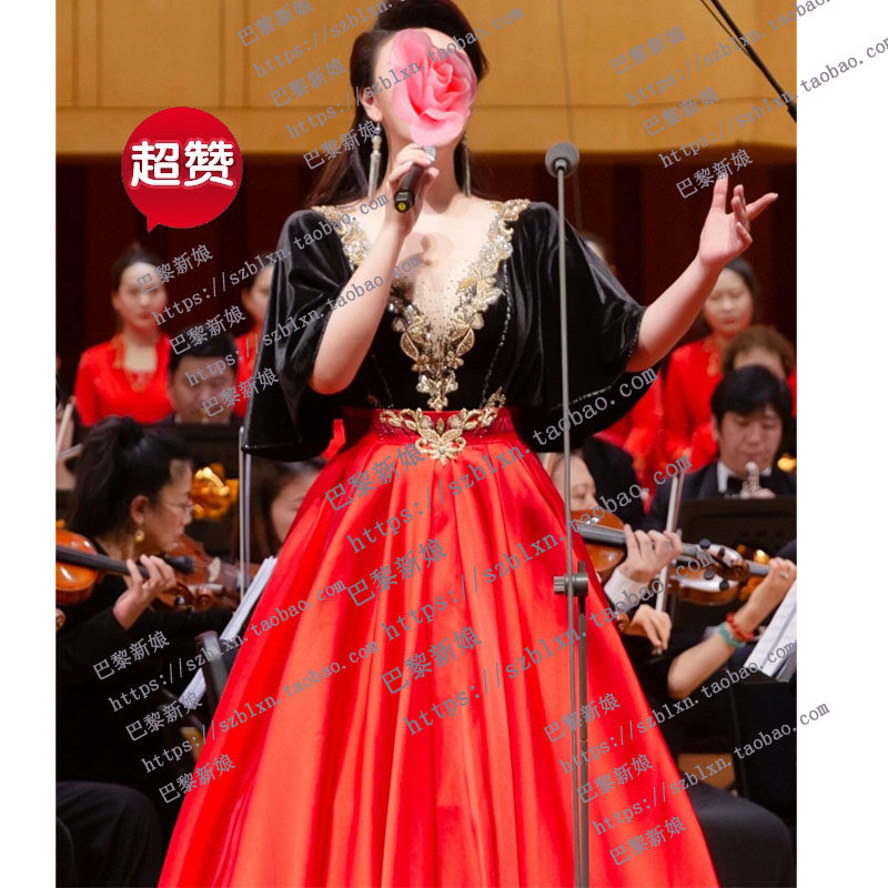 2026新中国风大V领中袖小A摆缎面音乐会歌唱比赛舞台演出礼服