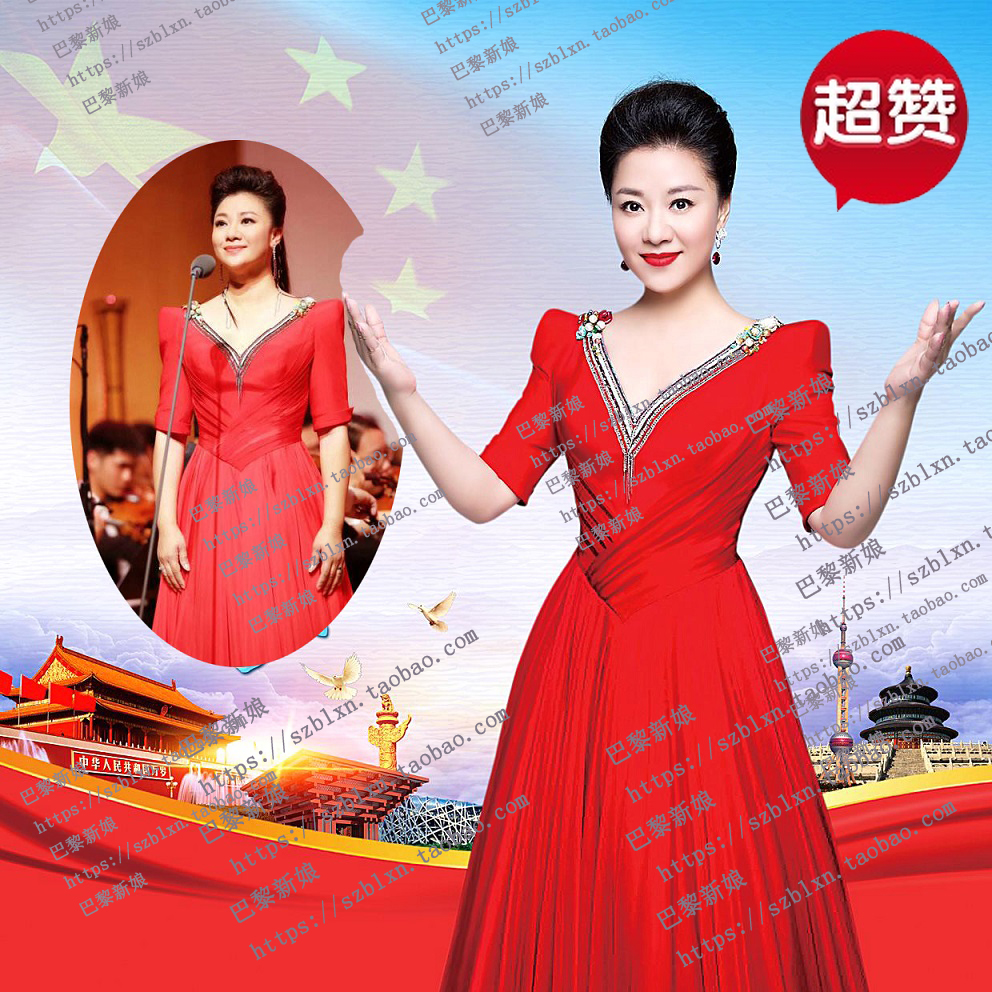 2026新款红色短袖V领 小A摆随身雪纺飘逸秋季音乐会 舞台演出服装