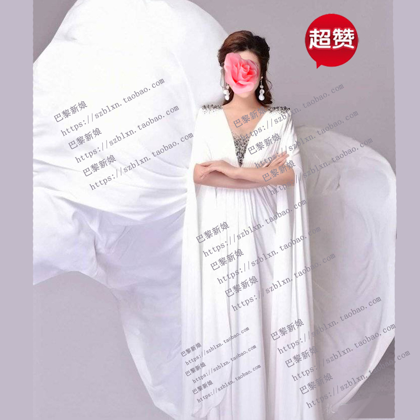 2026新款白色深V领水钻轻奢水袖飘逸歌唱比赛音乐会艺考演出服女