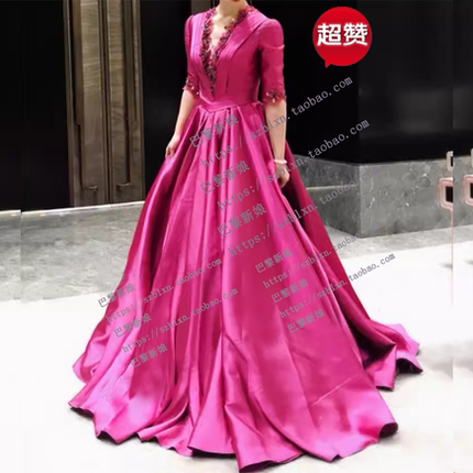 2026新款玫红色中袖V领A摆缎面奢华闪钻歌唱比赛音乐会舞台礼