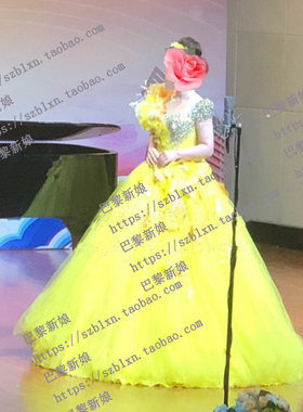 2025黄色短袖手工花朵圆领显瘦闪钻蓬蓬裙歌唱音乐会独唱演出礼服