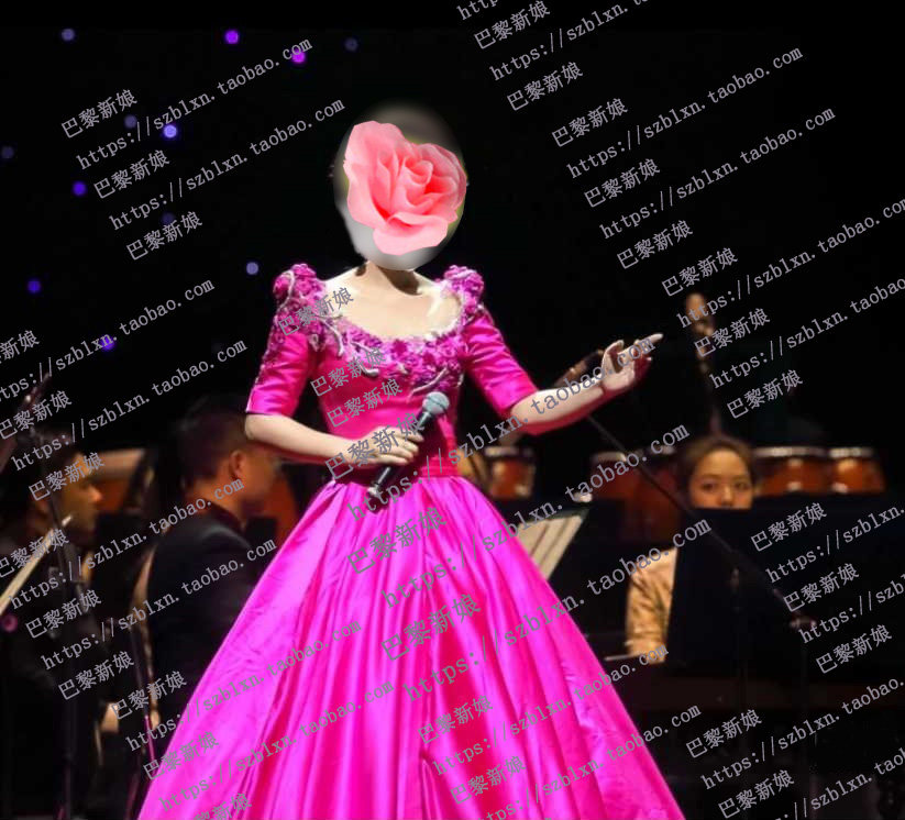 新款领玫红色演出服歌唱礼服花朵