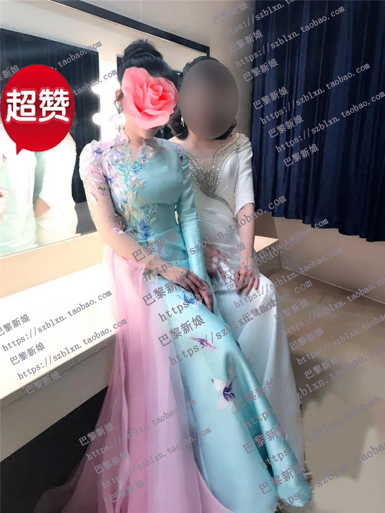 立领长袖绣花表演歌唱比赛礼服