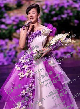 2025花朵 紫色双肩 小花歌唱比赛音毕业大蓬乐会演出礼服舞台服装