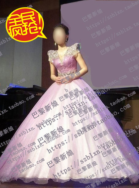 2026 紫色深V领流苏翘肩短袖闪钻大蓬蓬裙音歌唱比赛音乐会礼服