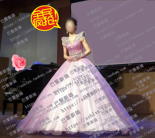 2025 紫色深V领流苏翘肩短袖闪钻大蓬蓬裙音歌唱比赛音乐会礼服