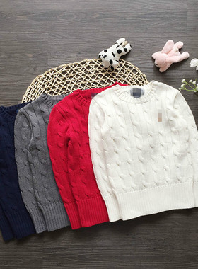 春秋季RL男女童纯棉毛线上衣针织圆领套衫中性款麻花灰色休闲外套