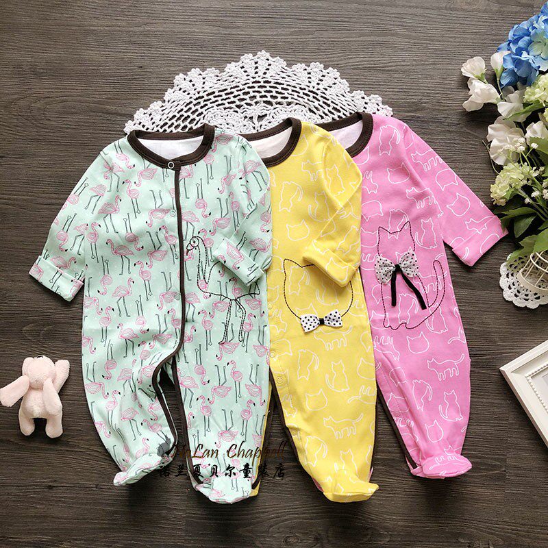 春秋季女宝宝纯棉连体哈衣 新生婴儿包脚长爬服 外出休闲连身衣服