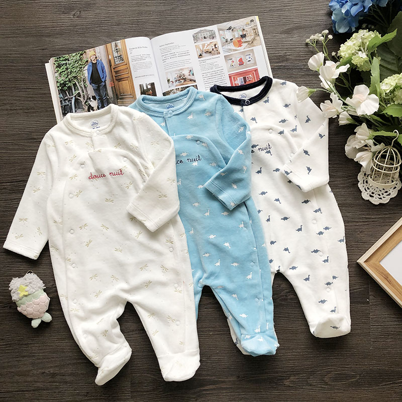 外贸纯原单春秋季新生婴儿天鹅绒连身哈衣男女宝宝乖巧连体衣爬服