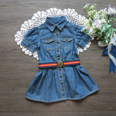 纯棉短袖亲子款蓝色牛仔衬衫裙