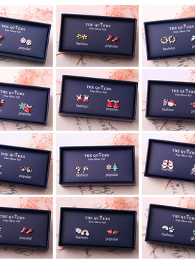 S925纯银红色圣诞耳环女甜美可爱雪花耳钉新年礼盒本命年耳饰秋冬