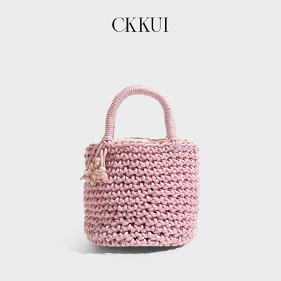 CKKUI海边度假小清新粉色编织包