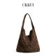 CKKUI 复古棕色麂皮绒面豹纹包包小众大容量手提包通勤单肩托特包